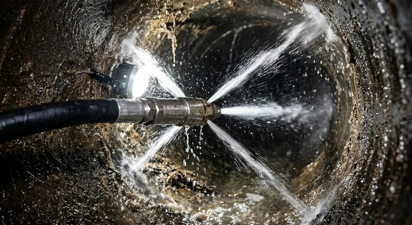 High-pressure hydro jetting nozzle cleaning sewer pipe for Emergency Drain Service in Lenox