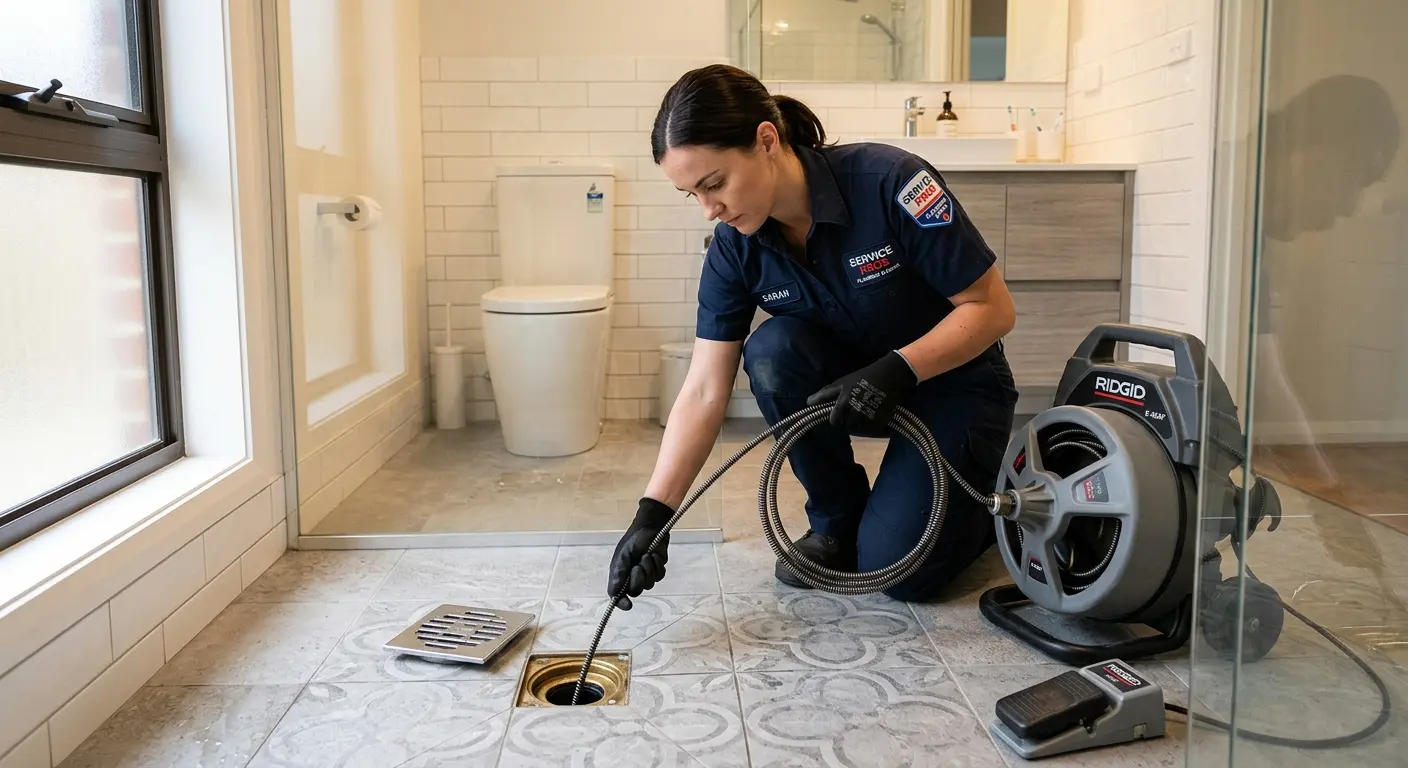 Technician clearing a bathroom floor drain for Clogged Drain Repair in Lenox